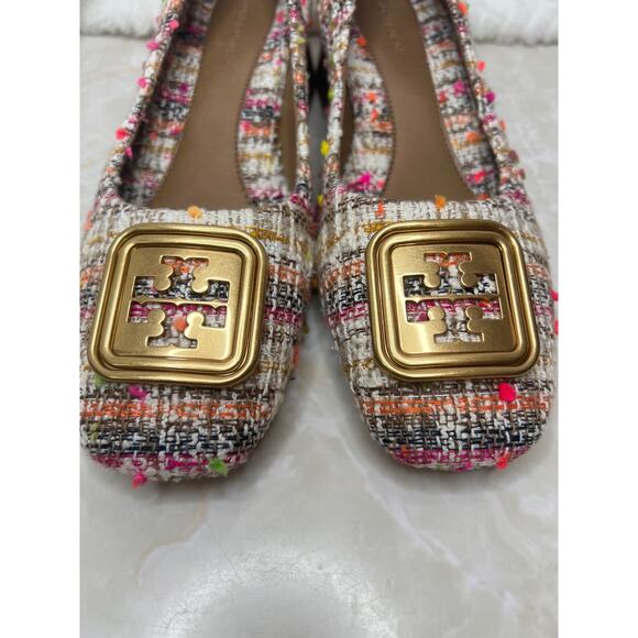 Tory Burch Pink Cream Gold Tweed Wooden Block Heel Georgia Pump Womens 7 US - Picture 11 of 14